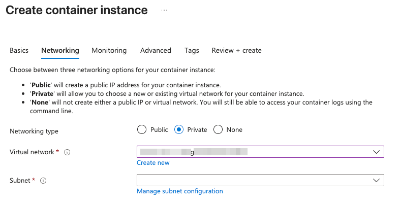 Screenshot of Create Container Instance - Private Selected