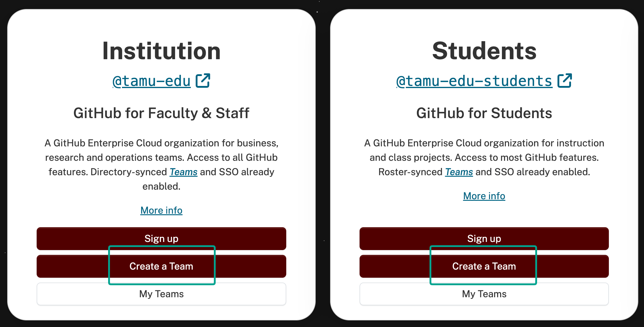 Screenshot of the Create Team Buttons in the Texas A&M University GitHub portal