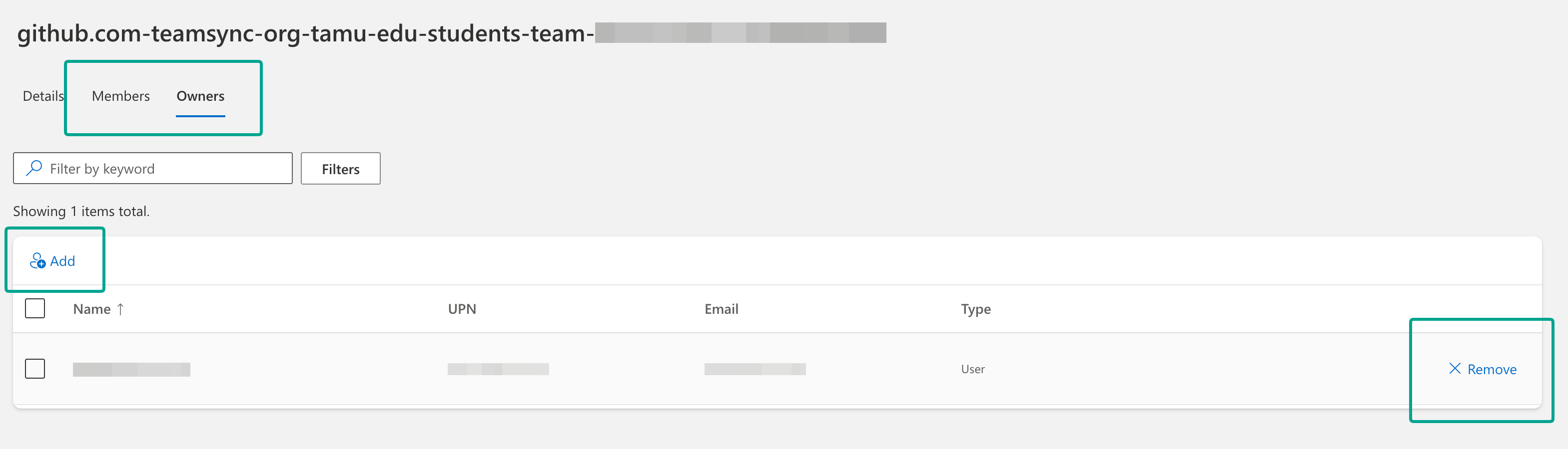 Screenshot of the Manage Team members in the Microsoft Entra ID portal