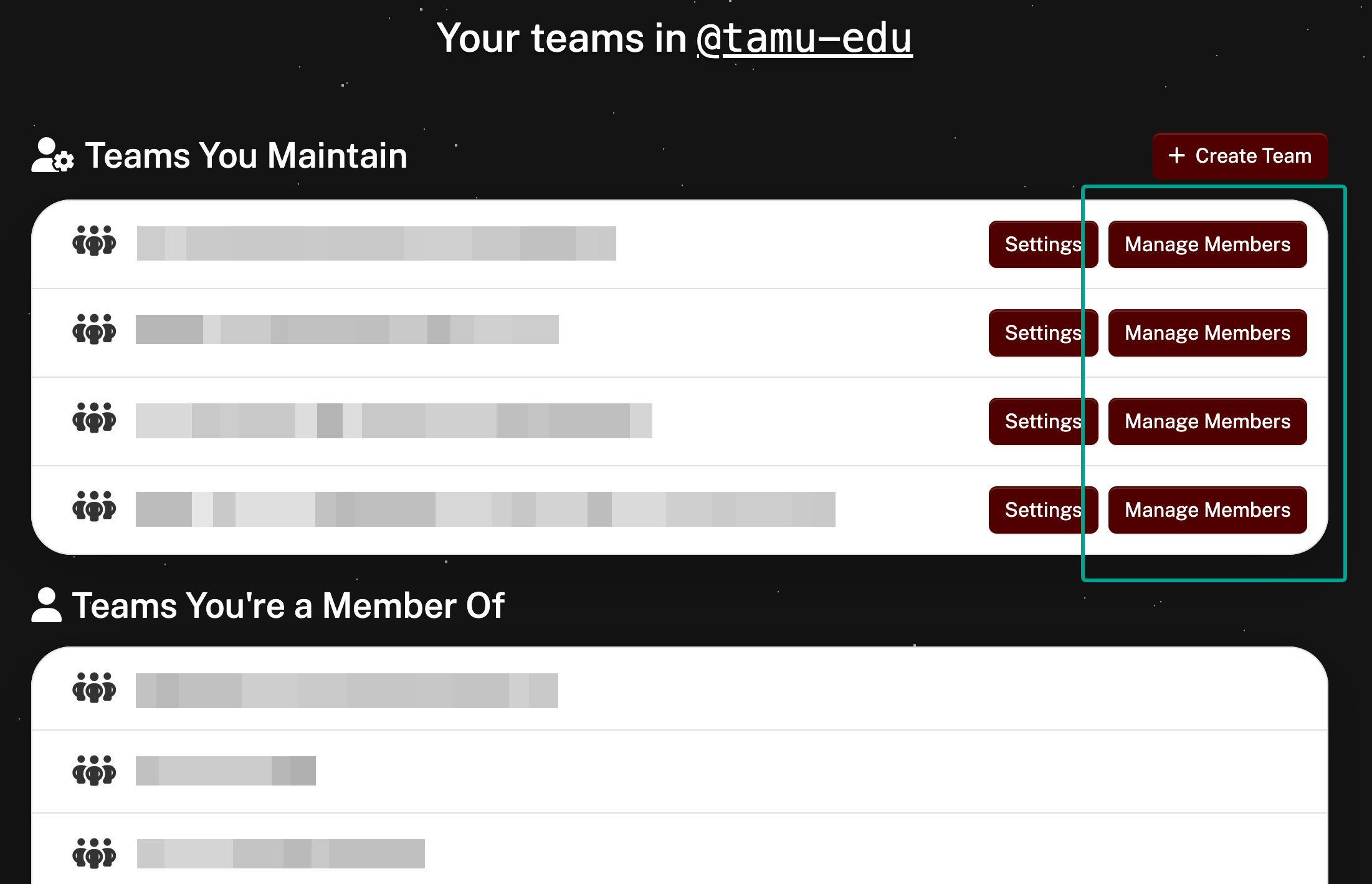 Screenshot of the Manage Team buttons in the Texas A&M University GitHub portal
